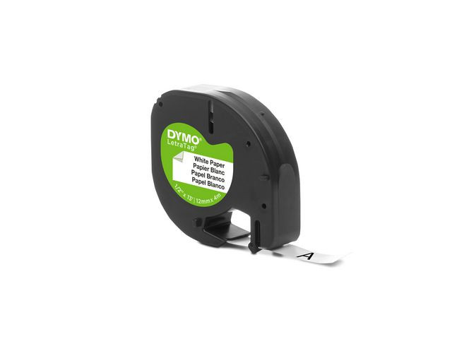 Tape LetraTag papper 12mm svart på vit