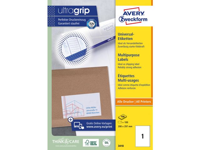 Etikett AVERY UG 200x297mm 100/fp