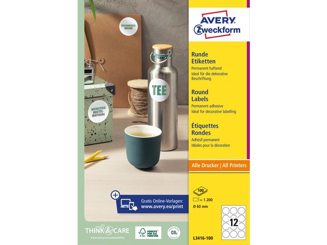 Etikett AVERY avtagb rund 60mm 1200/fp